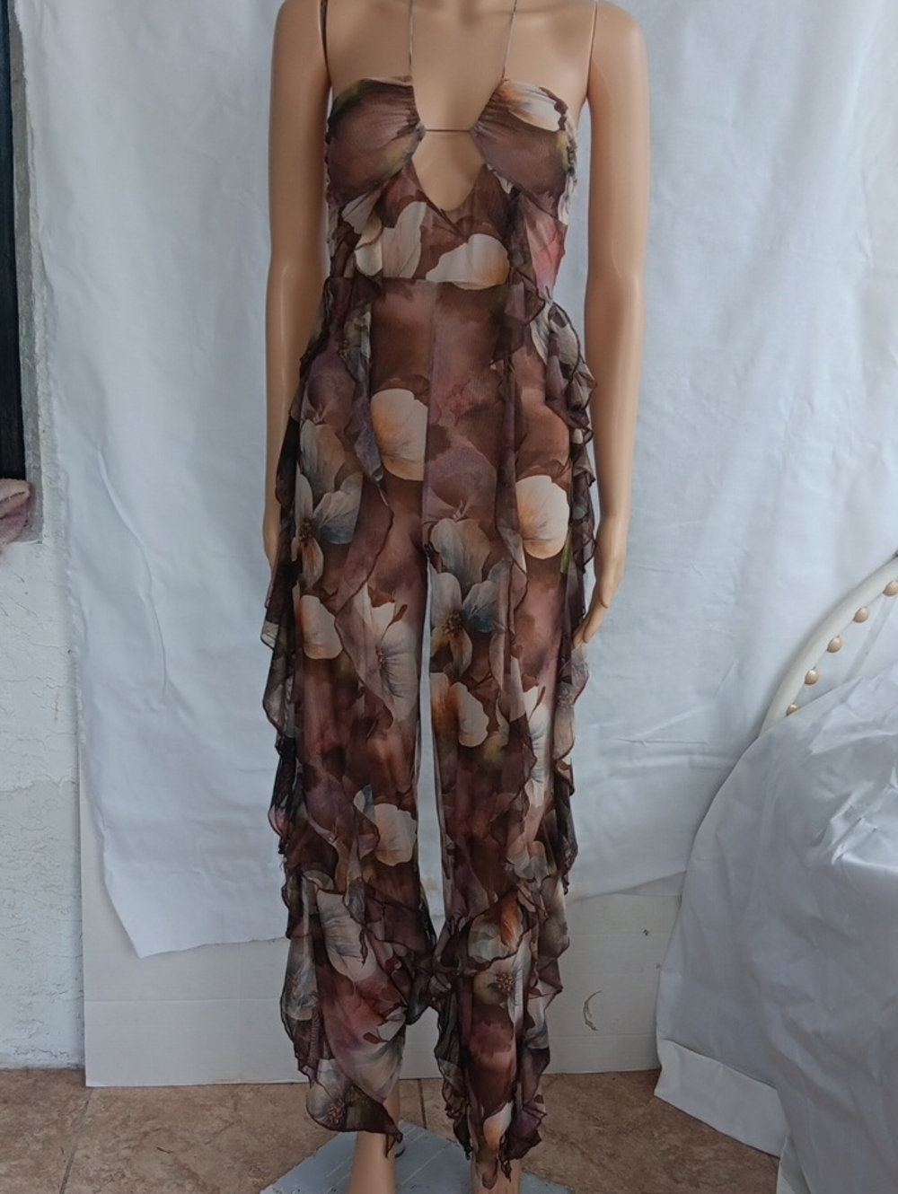 New Fashion Nova Brown Floral Sheer Ruffle Jumpsuit Size S